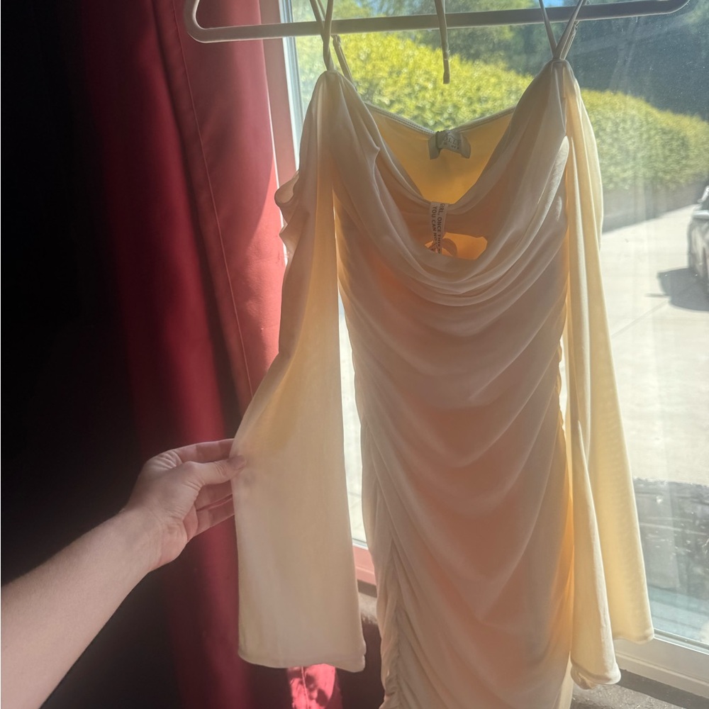 Oh Polly Cream Long Sleeve Drape Dress
